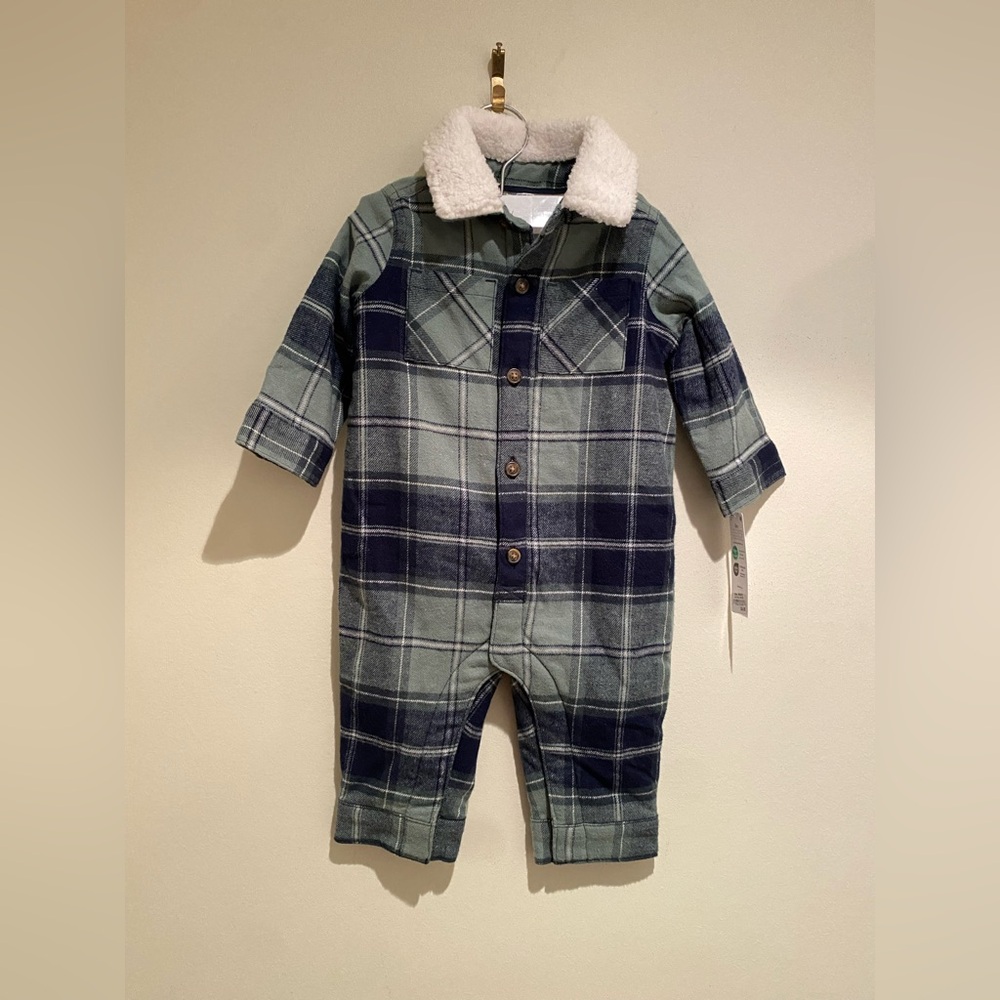 NWT Carter's Plaid Baby Jumpsuit with Sherpa Collar fleece lined Footie Fall 6M